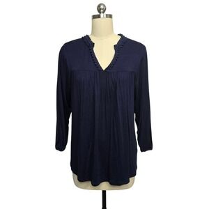 Boden Navy Blue Lace Trim V Neck 3/4 Sleeve Casual Blouse Top Womens Size 8